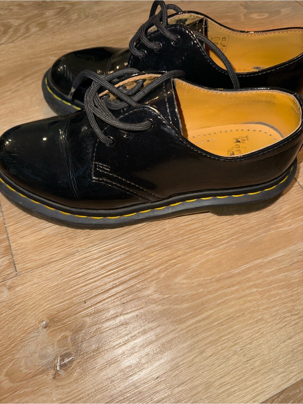 Dr. Martens Black Patent Leather Lace-Up Oxford with Yellow Stitching